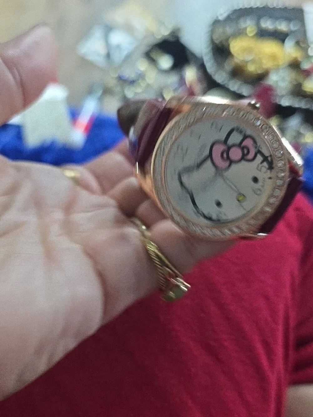 Hello Kitty Rose Gold Watch with Pink Bow and Burgundy Strap